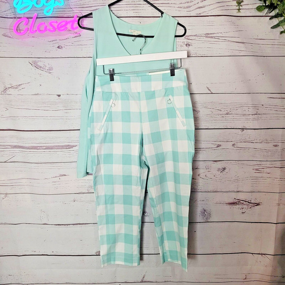 NWT Cato Mint Green V-Neck Top Size Large & Plaid Gingham Pant Set Womans Size 6 - Picture 1 of 8